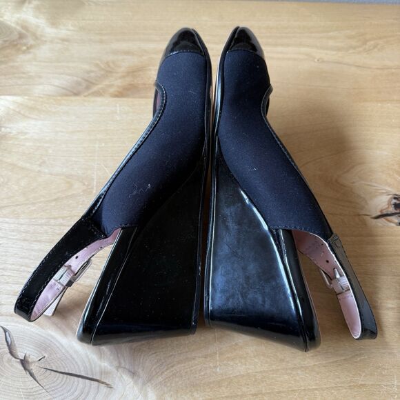 TARYN ROSE KARINE MULE WEDGE SLINGBACK SHOE PATENT LEATHER TOE ADJ STRAP 9M - Picture 9 of 11